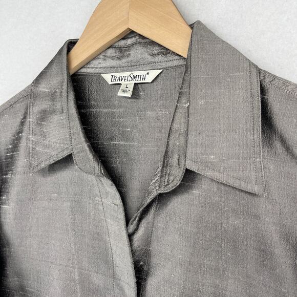 TRAVELSMITH Shirt Womens L Pure Silk Dupioni Button Up Long Sleeve Gray - Picture 8 of 14